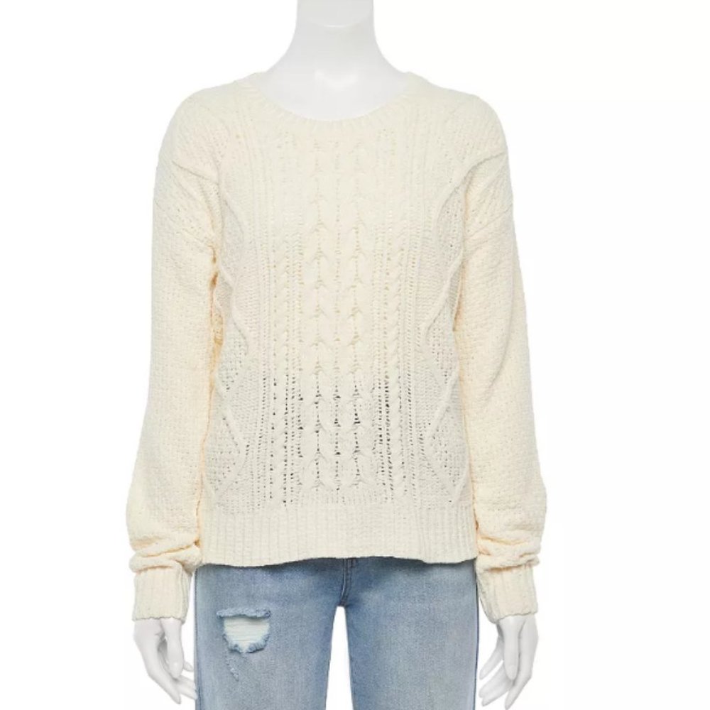 Juniors' SO Chenille Crewneck Sweater, Lt Beige